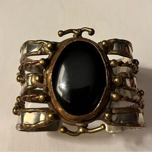 Brutalist mixed metal black onyx stone bracelet